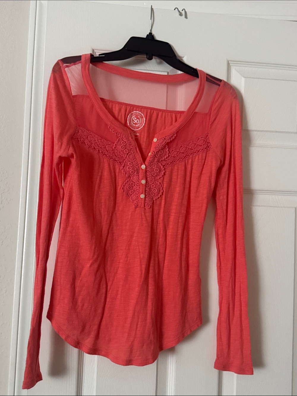 SO Brand  Orange Long sleeve / Crochet Lace Neck Line  Button Up Top Medium